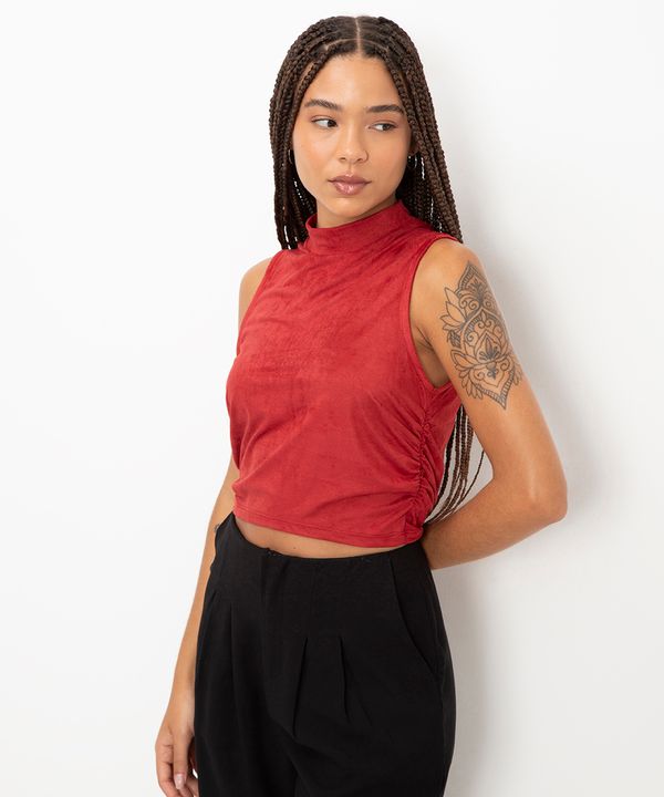 cropped de suede com franzido vinho PP