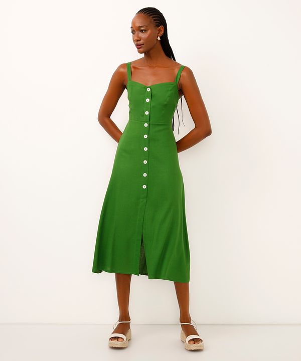 vestido midi com linho botões verde P