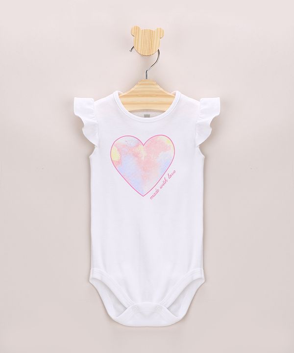 Body Infantil Coração com Babados Sem Manga Decote Redondo Off White 6-9