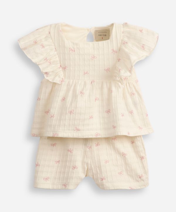 conjunto curto infantil de algodão laços texturizada off white 4