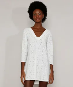 Saída de Praia de Laise Feminina Curta Manga 7/8 Off White GG