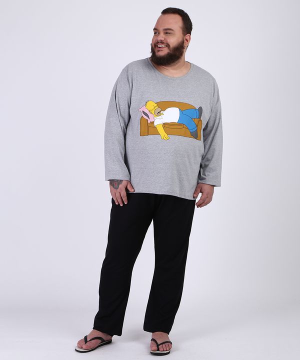 Pijama Masculino Plus Size Camiseta Homer Simpsons Manga Longa Gola Careca Cinza Mescla XGG