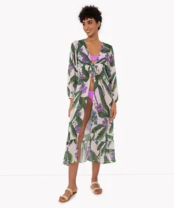 kaftan longo folhagens com laço manga longa off white M