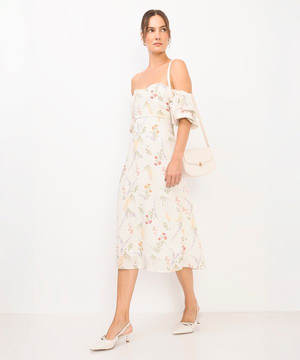 vestido midi feminino manga bufante floral off white P