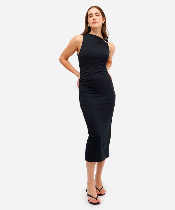 vestido midi feminino franzido com fenda preto PP
