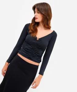 blusa feminina manga longa decote v franzida preta P