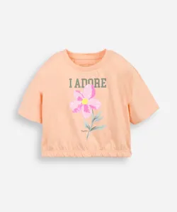 camiseta infantil barra elástico com aplicação de paetê de flor laranja 8