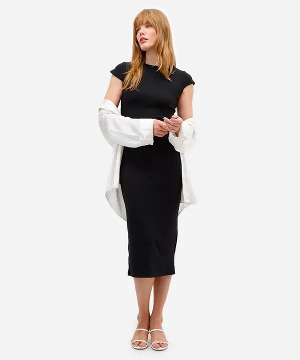 vestido midi feminino manga curta canelado preto GG
