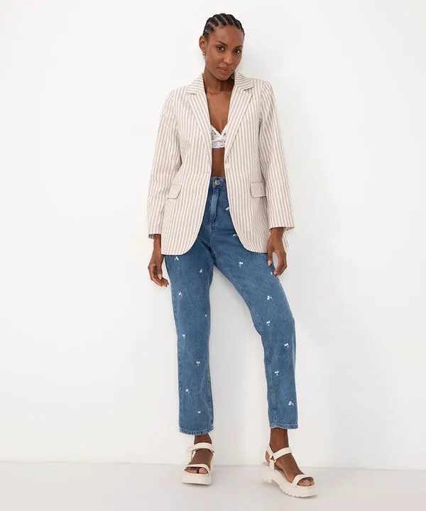 calça jeans mom cintura super alta bordado floral azul médio 40
