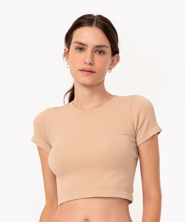 blusa cropped de poliamida básica manga curta bege P