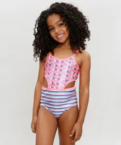 Maiô Infantil Estampado Étnico e Recortes com Proteção UV50+ Rosa Neon 8