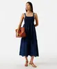 vestido midi alça fina feminino de algodão com recorte bordado azul GG