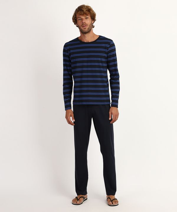 Pijama Masculino Camiseta Estampada Listrada Manga Longa Gola Careca Azul Marinho GG