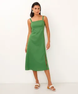 vestido midi de viscose com fenda - verde militar PP