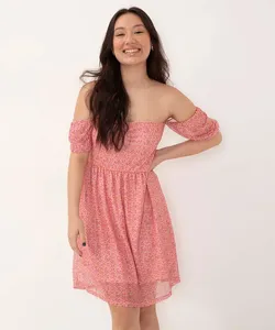 vestido juvenil midi de tule floral manga bufante rosa 18
