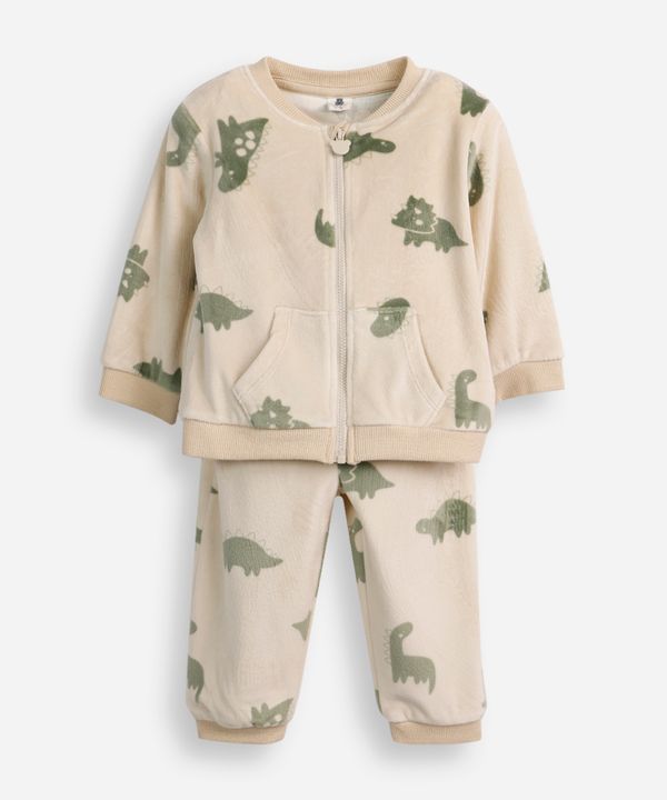 conjunto infantil longo de pelúcia dinossauro bege 6-9