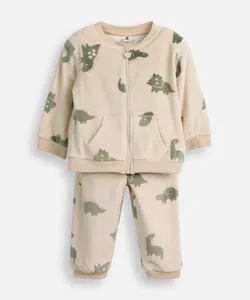 conjunto infantil longo de pelúcia dinossauro bege 12-18