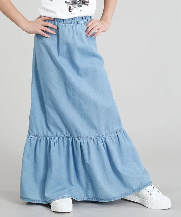 Saia Jeans Infantil Longa com Babado Azul Claro 12