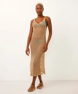 vestido regata saída de praia de tricot com lurex bege M