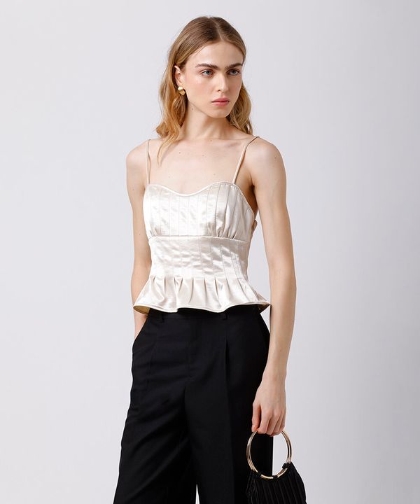 cropped peplum alça fina feminino com pregas acetinado mindset bege P