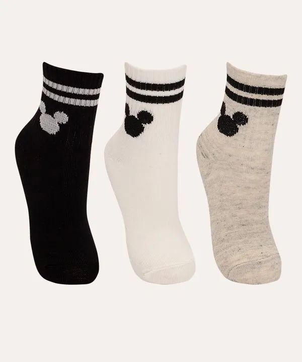 kit disney de 3 pares de meias infantis mickey cano médio colorido 22-25