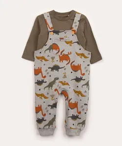 jardineira infantil dinossauro + blusa manga longa verde 3-6