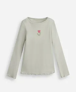 blusa infantil de algodão manga longa com bordado canelada verde 2