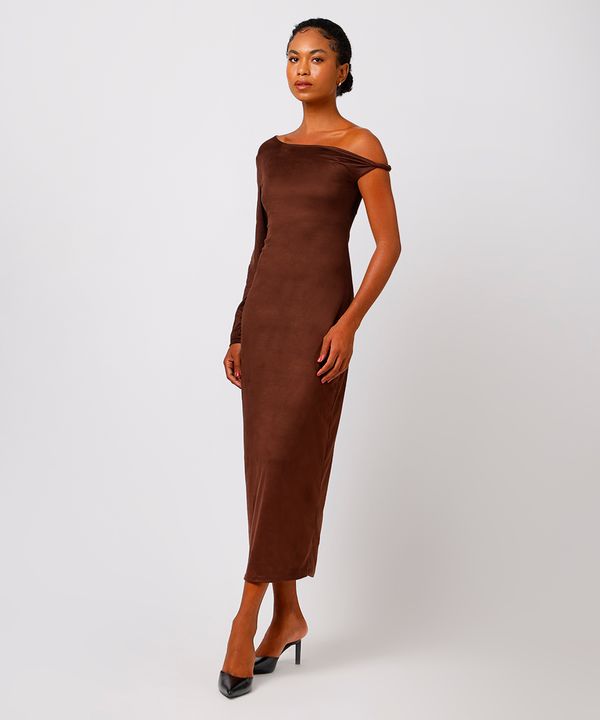 vestido longo feminino de suede com alça torcida mindset marrom M