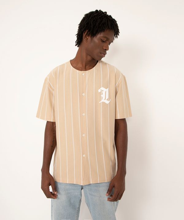 camisa de algodão manga curta listrada baseball bege PP
