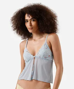 sutiã top feminino triângulo com bordado azul 42