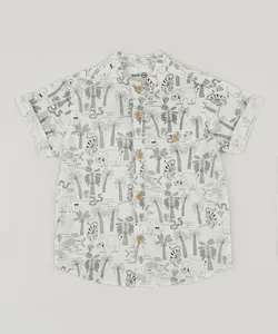 Camisa Infantil Bento Estampada Floresta Gola Padre Manga Curta Off White 1
