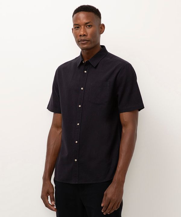 camisa comfort com linho manga curta - azul marinho M