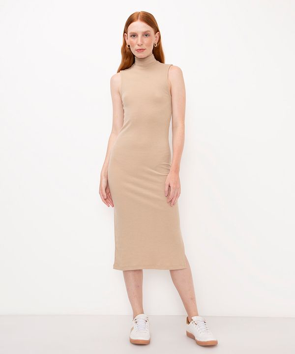 vestido midi canelado com fenda bege M