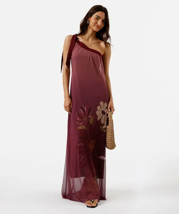 vestido feminino ombro único tule estampado G