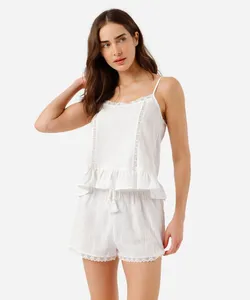 pijama short doll feminino de algodão com babado texturizado off white G