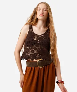 regata feminina de crochet floral marrom M