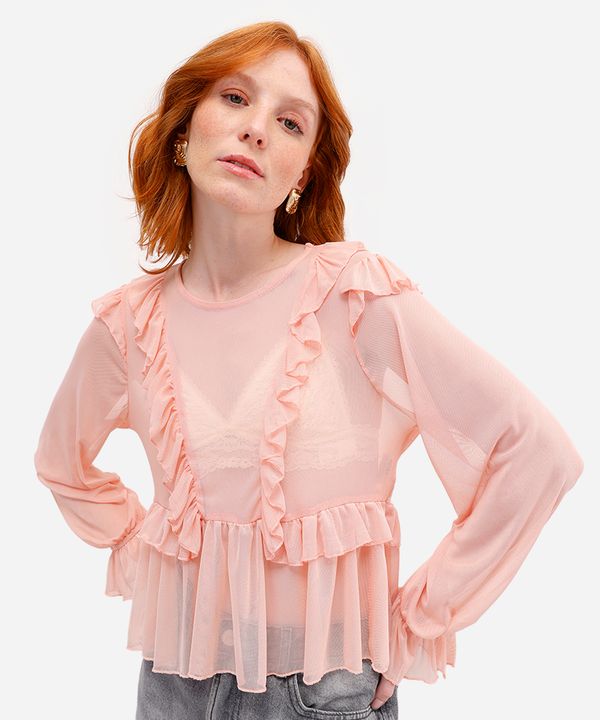 bata feminina de tule com babados rosa PP