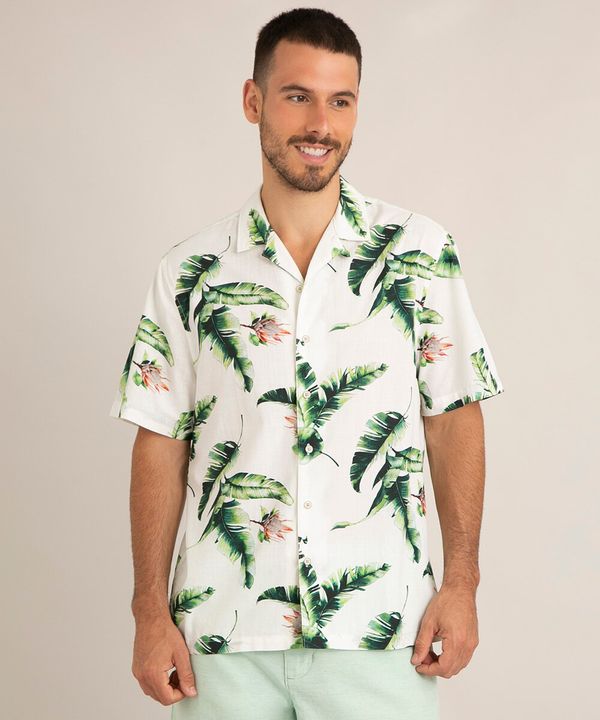 camisa comfort de algodão estampada folhagens manga curta branca G