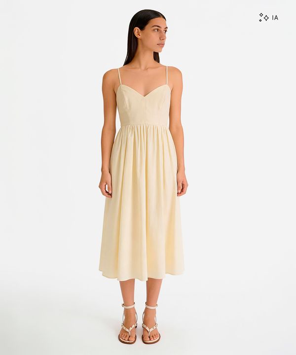 vestido midi feminino com algodão alça fina decote coração amarelo PP