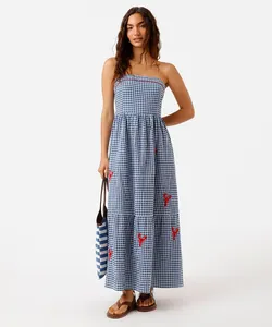 vestido sem alça feminino de algodão com recorte e bordado xadrez azul G
