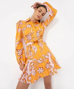 vestido chemise curto floral com cinto laranja P