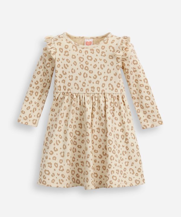 vestido infantil de algodão manga longa animal print bege 3
