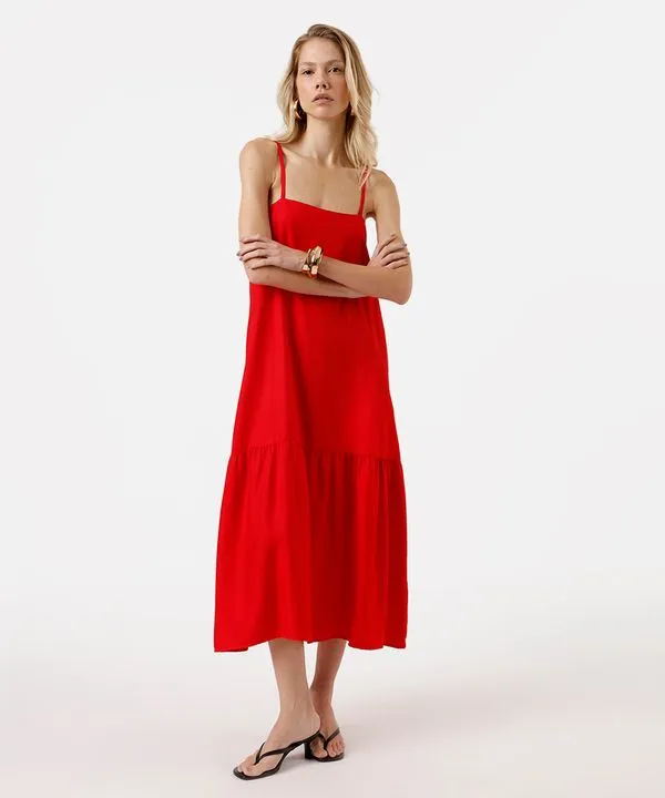 vestido midi alça fina feminino com viscose e recorte decote quadrado vermelho GG