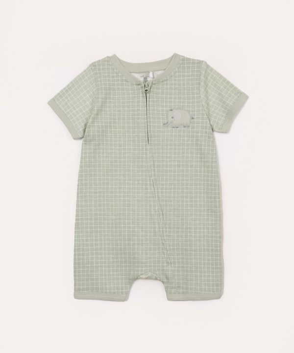 macacão curto infantil geométrico elefante bordado verde 6-9