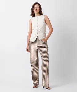 calça reta feminina de sarja listrada mindset off white 38