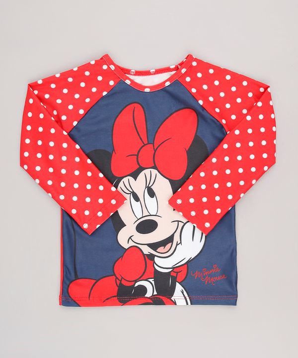 Camiseta de Praia Infantil Estampada Minnie Manga Longa Gola Careca com Proteção UV50+ Vermelha 4