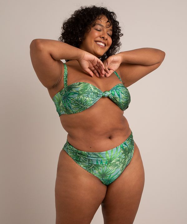 biquíni calcinha plus size estampado folhagem cós com franzido uv50+ verde GG1
