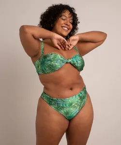 biquíni calcinha plus size estampado folhagem cós com franzido uv50+ verde GG4