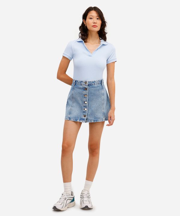 minissaia feminina jeans com recortes e botões azul 46