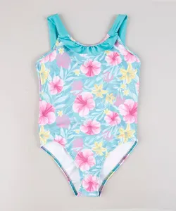 Maiô Infantil Estampado Floral com Babado Proteção UV50+ Verde Claro 6
